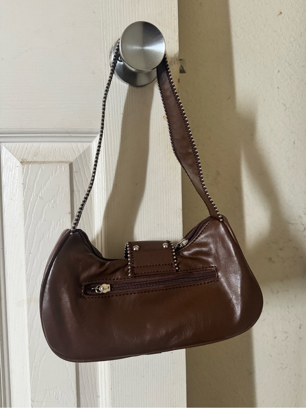 Brown Studded Leather Shoulder Bag with Ring Detail - Picture 2 of 3